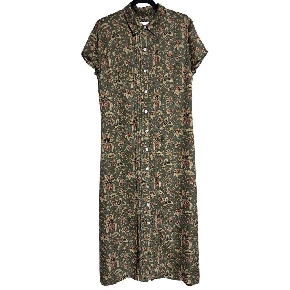 Charter Club Floral Button Front Dress Women Size 12 Olive Green‎ Pleated Midi